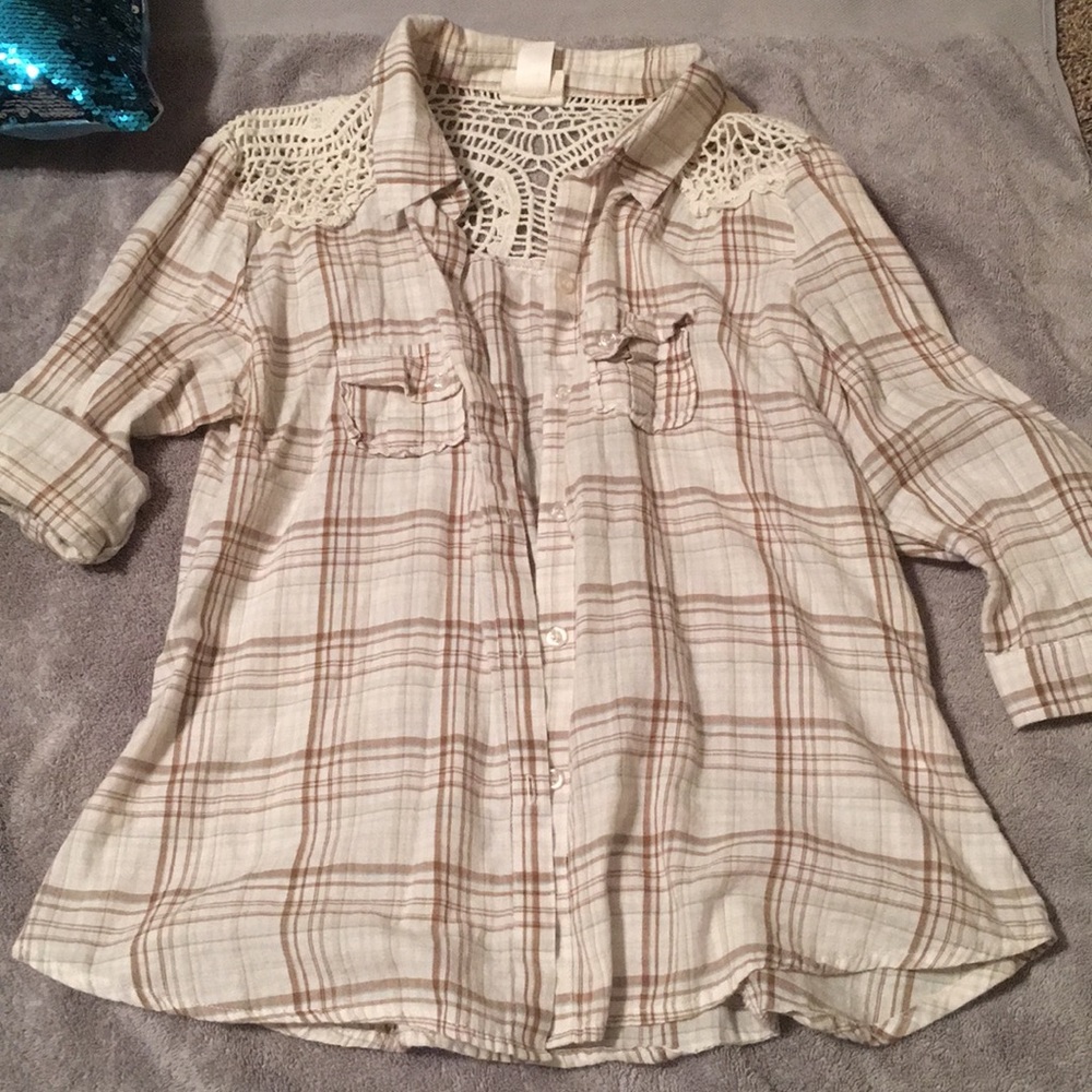 Button down shirt. Tan, brown and aqua blue.